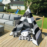 Outdoor Play Equipment: Kids Teepee Tent Linen Wood Black White Stripe Playhouse Indoor Garden