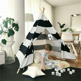 Outdoor Play Equipment: Kids Teepee Tent Linen Wood Black White Stripe Playhouse Indoor Garden