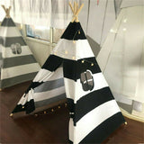Outdoor Play Equipment: Kids Teepee Tent Linen Wood Black White Stripe Playhouse Indoor Garden