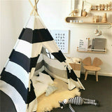 Outdoor Play Equipment: Kids Teepee Tent Linen Wood Black White Stripe Playhouse Indoor Garden