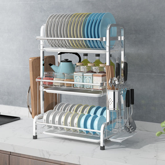 3 Tier Dish Drying Rack Silver 43cm High 60cm