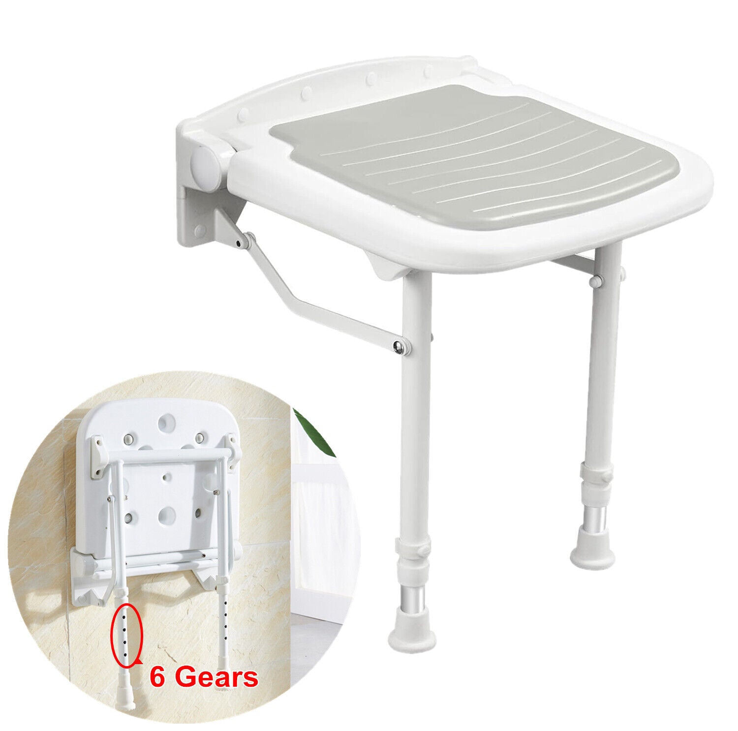 Wall-Mount Foldable Shower Chair, Adjustable, Non-Slip Feet