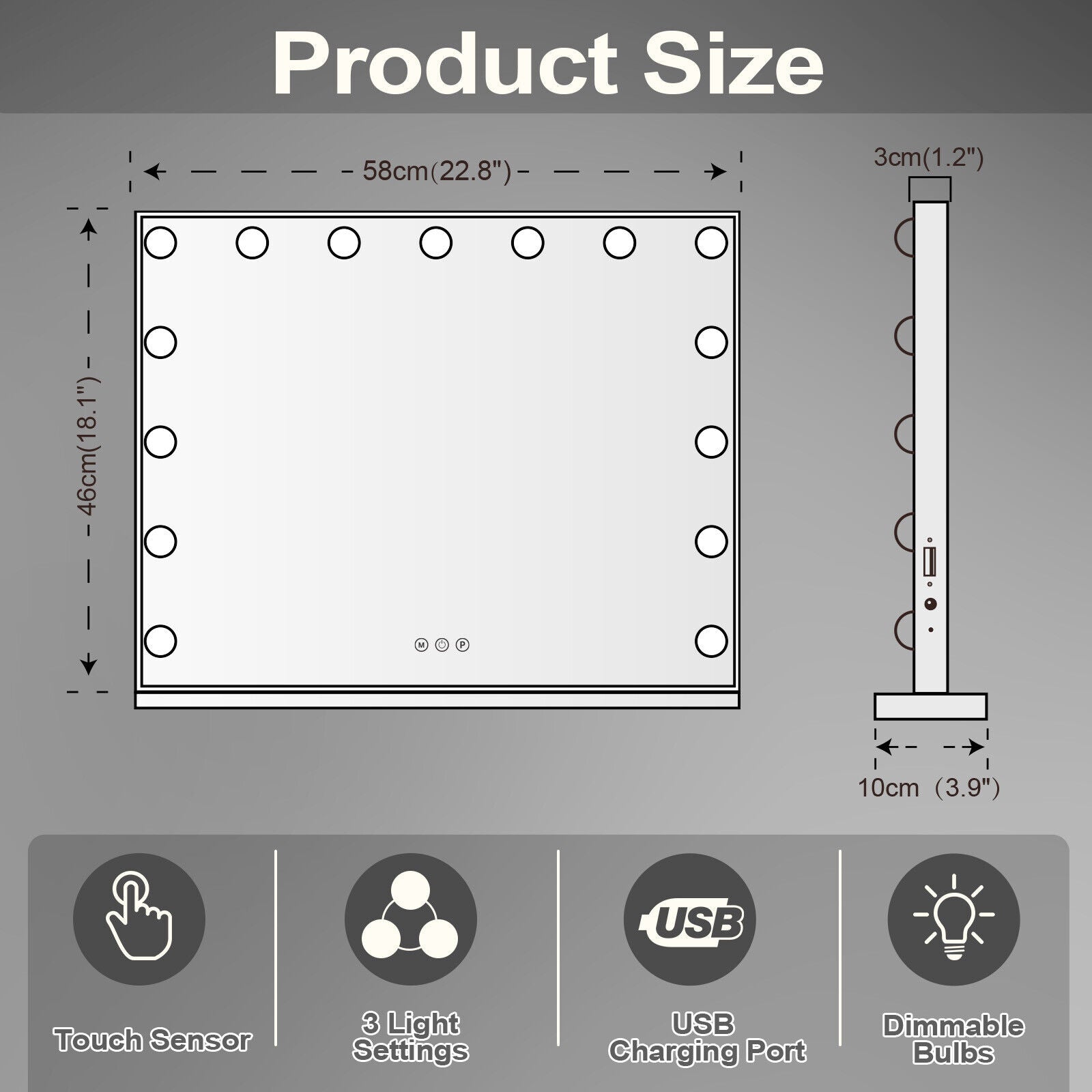 Hollywood LED Vanity Mirror Rectangle White Silver Wall Mirror