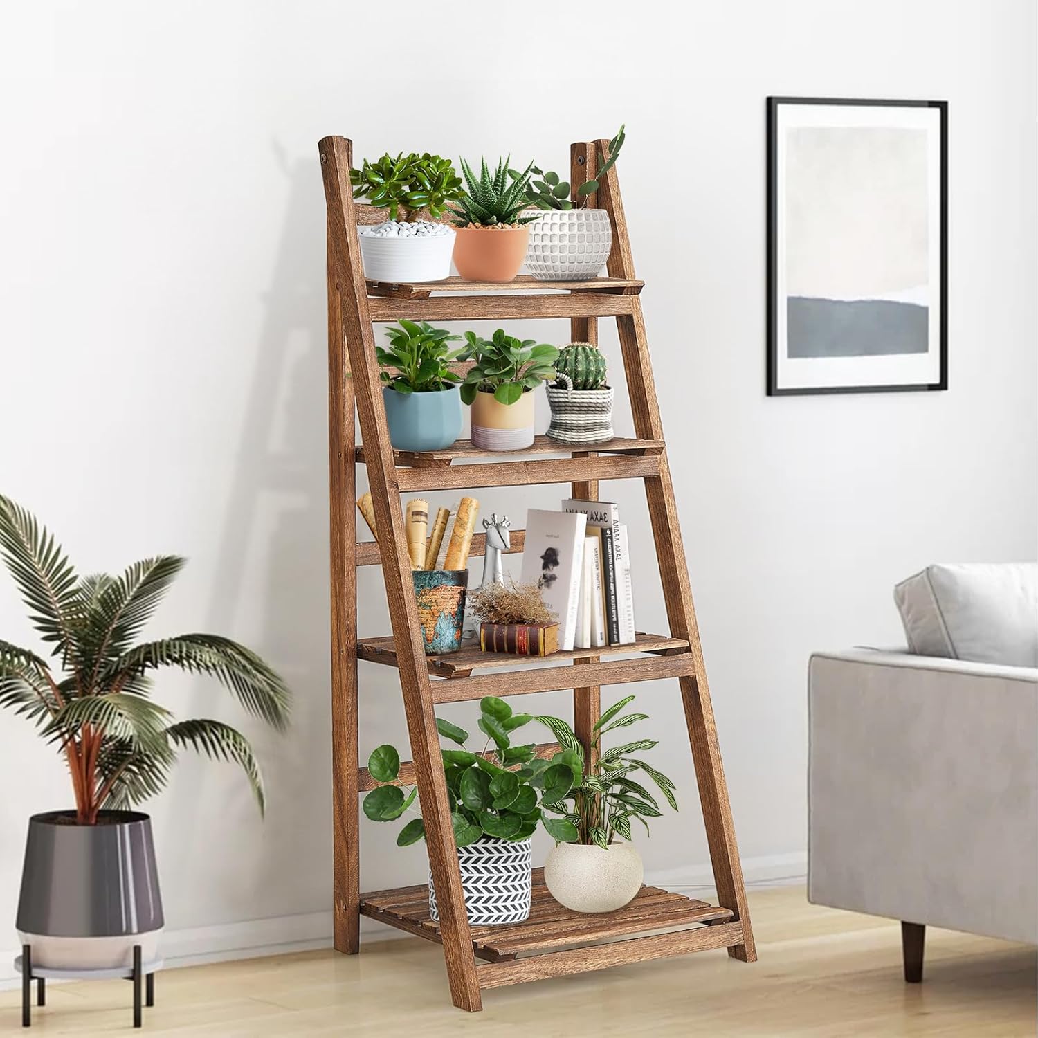 Bookcases & Shelves: Rustic Wood 4 Tier Plant Stand Bookshelf 38CM Corner Shelf