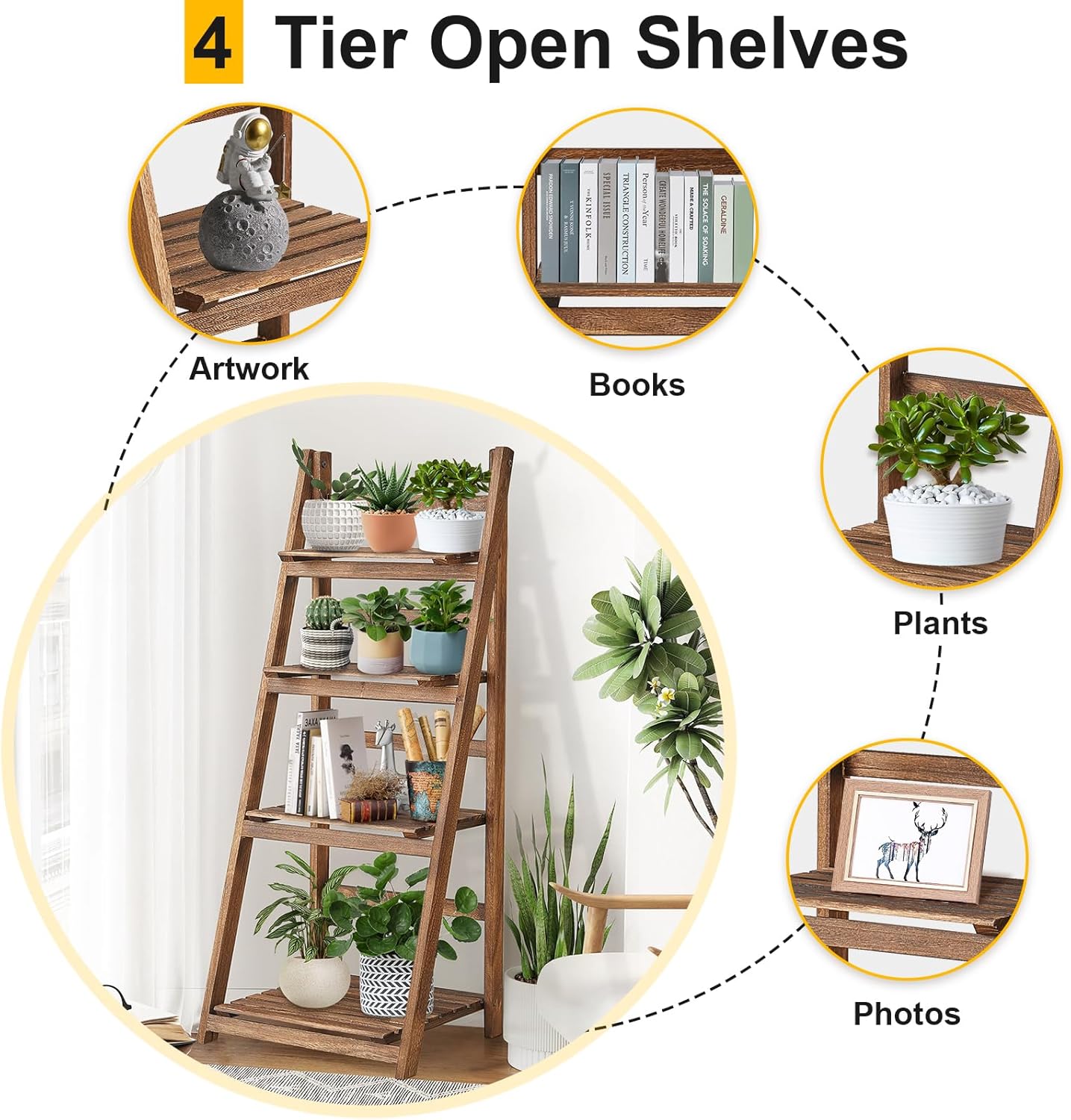 Bookcases & Shelves: Rustic Wood 4 Tier Plant Stand Bookshelf 38CM Corner Shelf