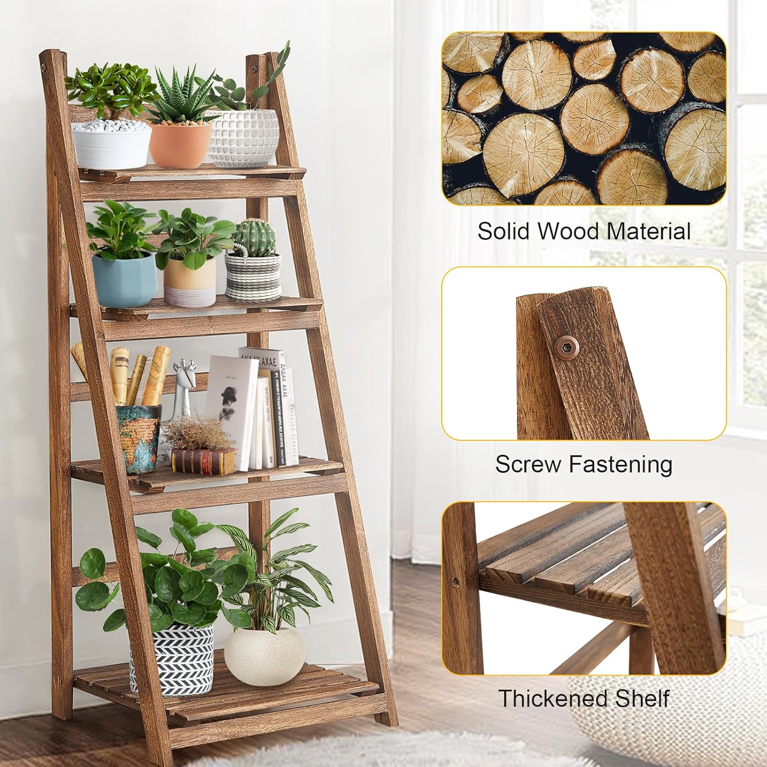 Bookcases & Shelves: Rustic Wood 4 Tier Plant Stand Bookshelf 38CM Corner Shelf