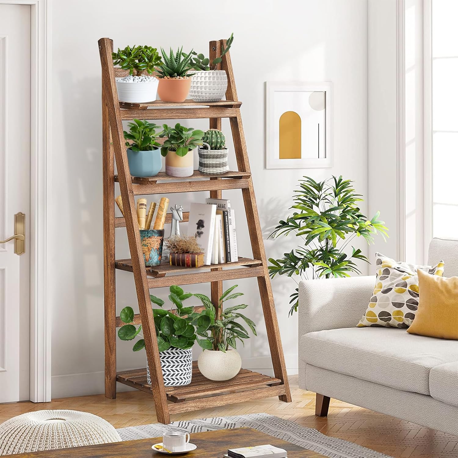 Bookcases & Shelves: Rustic Wood 4 Tier Plant Stand Bookshelf 38CM Corner Shelf