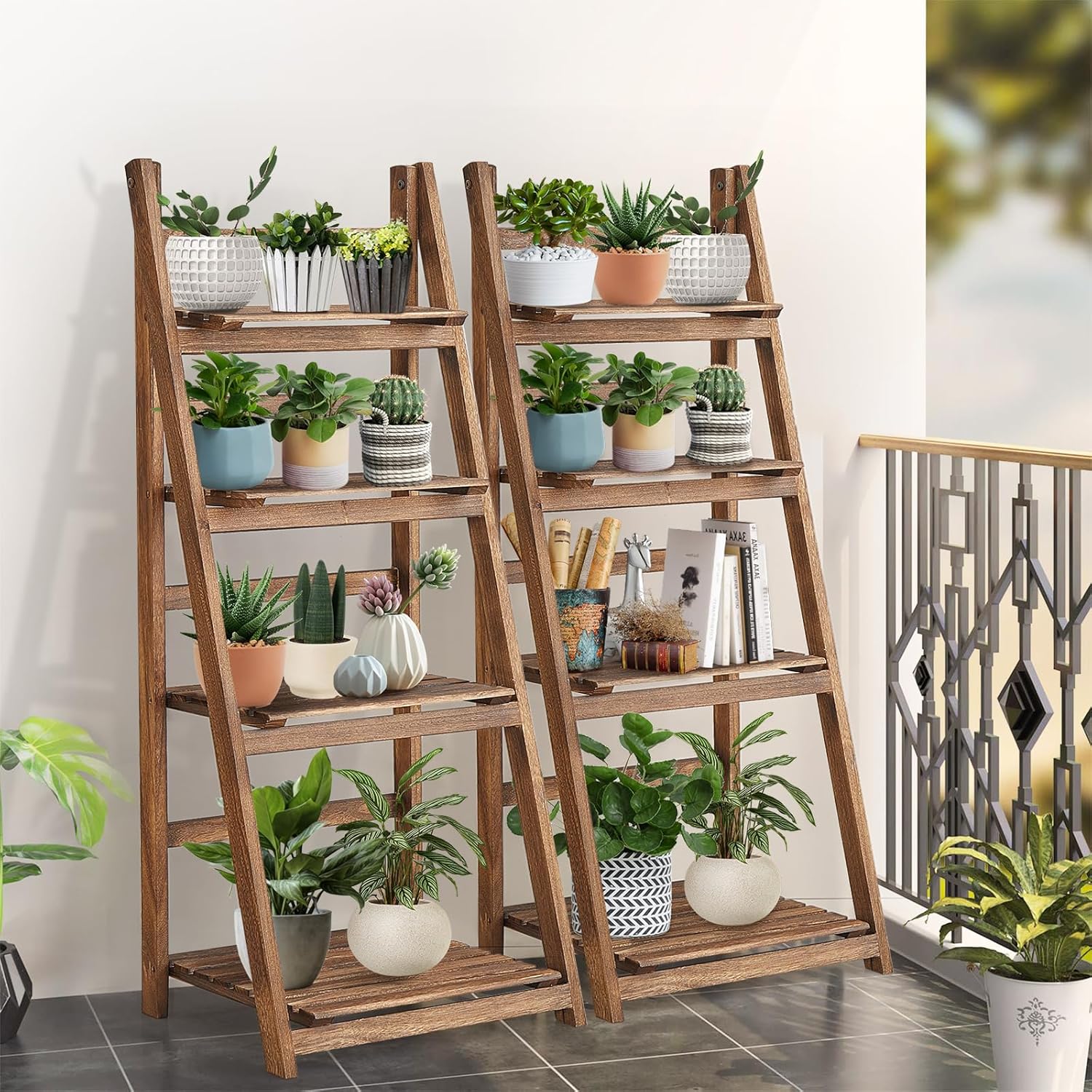 Bookcases & Shelves: Rustic Wood 4 Tier Plant Stand Bookshelf 38CM Corner Shelf