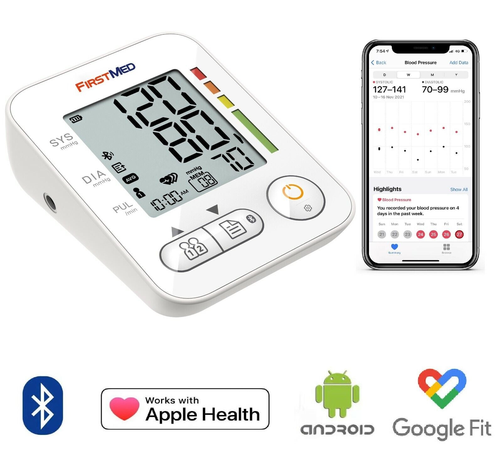 Monitoring & Testing: Bluetooth Blood Pressure Monitor, Auto Digital, 22-32cm Cuff