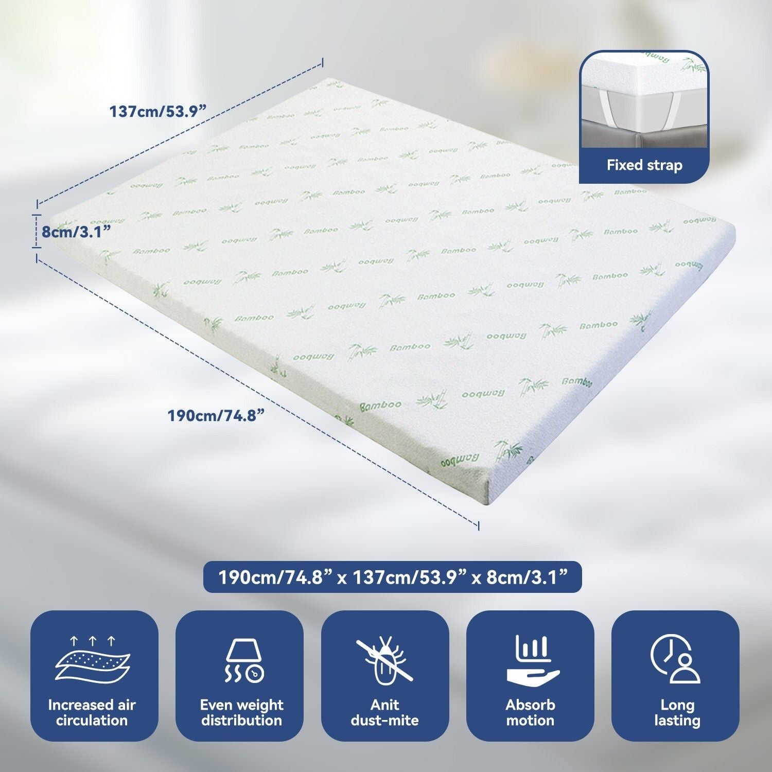 Mattress Toppers: Double Bamboo Memory Foam Mattress Topper 7-Zone 8cm