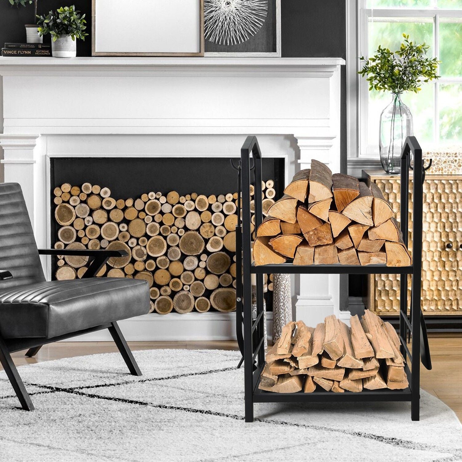 Coat Racks: Steel Firewood Rack with Tools, Large Log Holder, 30cm Depth