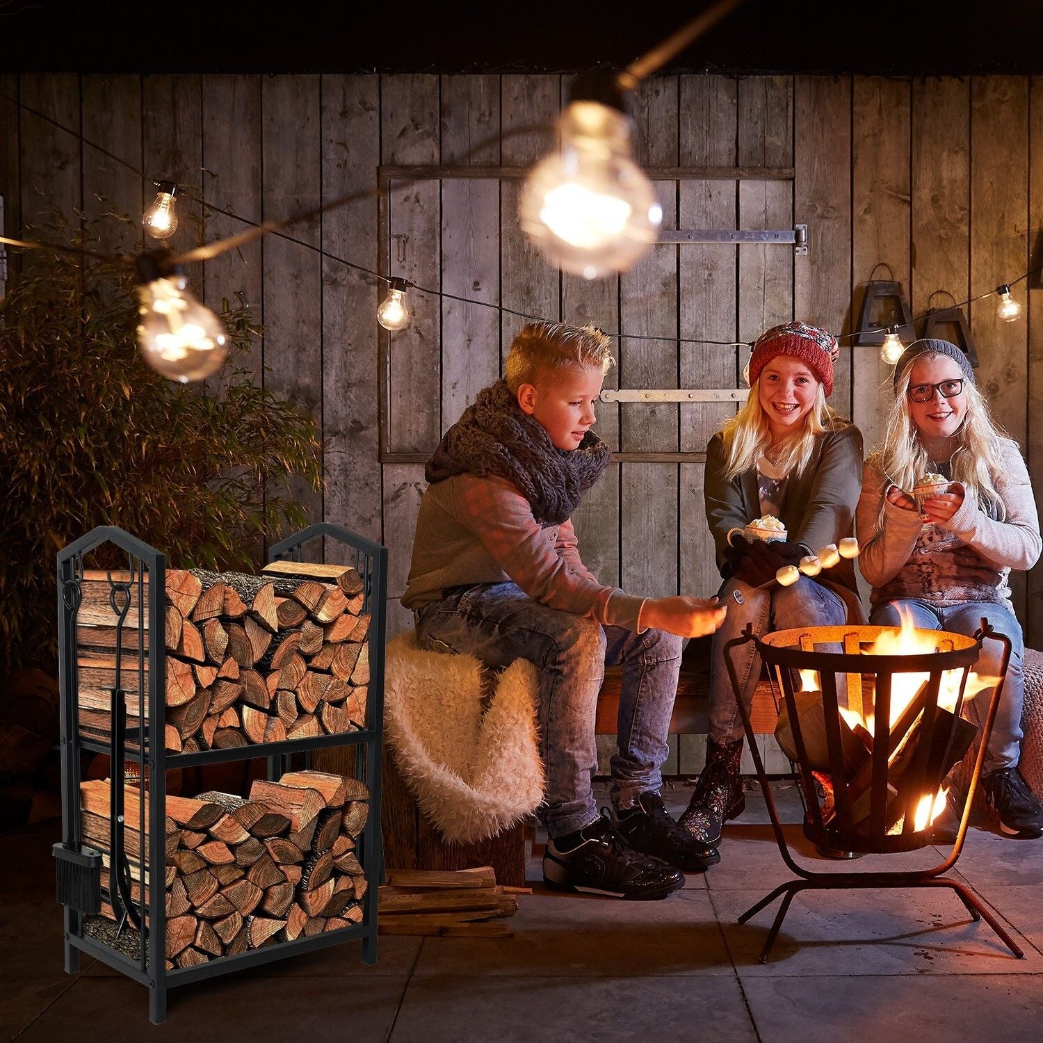 Coat Racks: Steel Firewood Rack with Tools, Large Log Holder, 30cm Depth