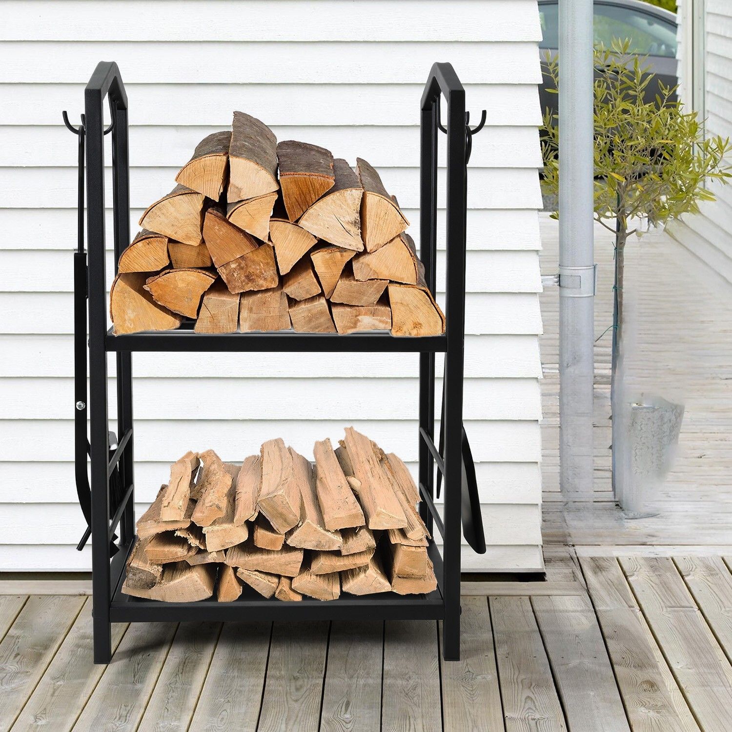 Coat Racks: Steel Firewood Rack with Tools, Large Log Holder, 30cm Depth