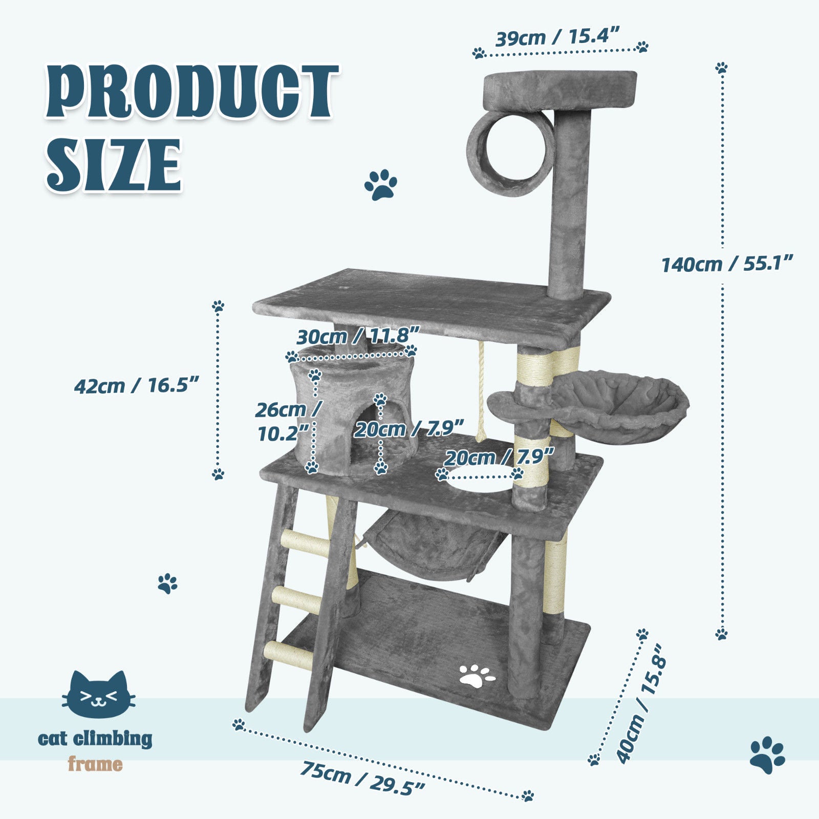 Cat Scratching Posts: Grey Cat Tree Tower Condo Scratching Post Bed Stand 1.4M