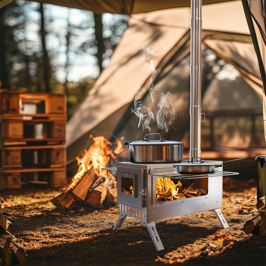 Stainless Steel Wood Burning Stove 1 Burner Camping BBQ with Chimney