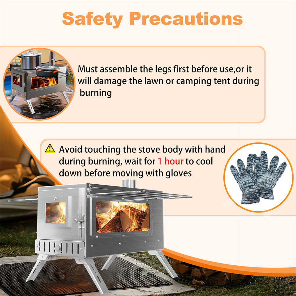 Stainless Steel Wood Burner Stove for Camping w/ Chimney & Bag
