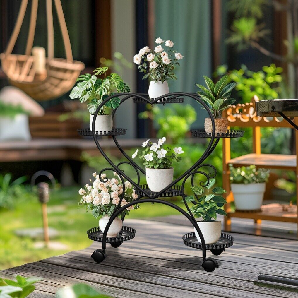 Gardening Tools: Rolling Metal Plant Stand Indoor Outdoor Garden Display Shelf