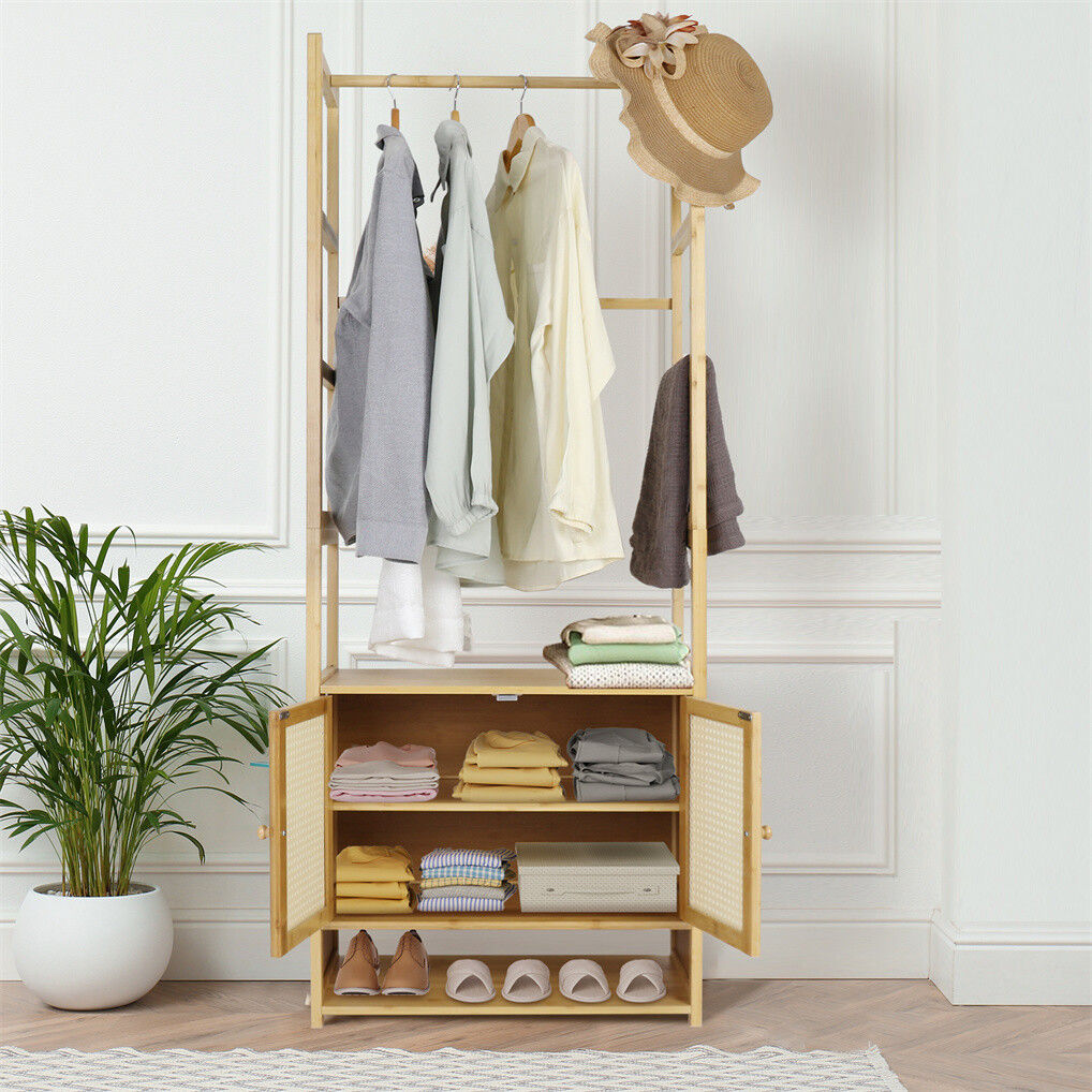 Clothing & Wardrobe Storage: Bamboo Clothes Rack Coat Stand 168cm High Polish 53cm Length
