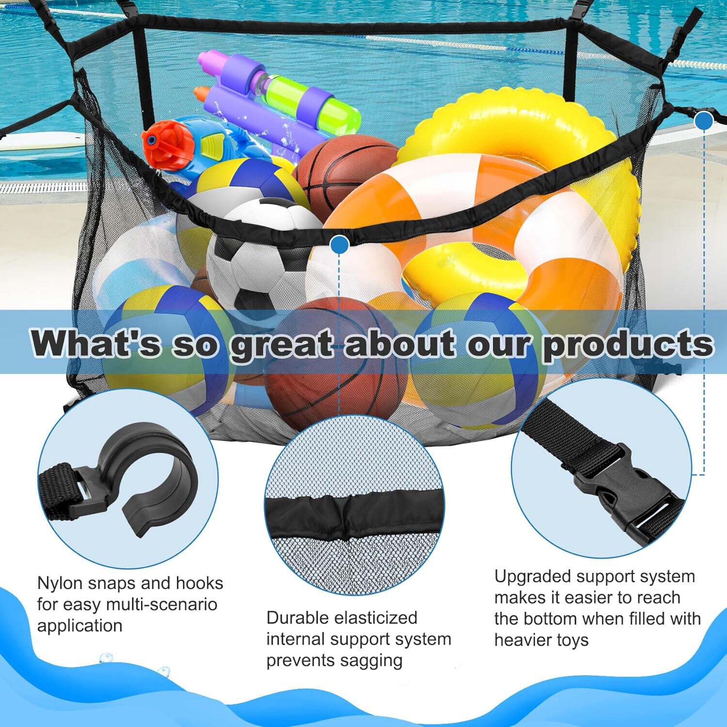 Cat Carriers & Crates: 145x145CM Heavy Duty Pool Toy Storage Net Bag Adjustable Organizer