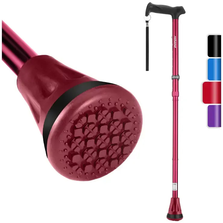 Red Walking Stick with Adjustable Height and Folding Design