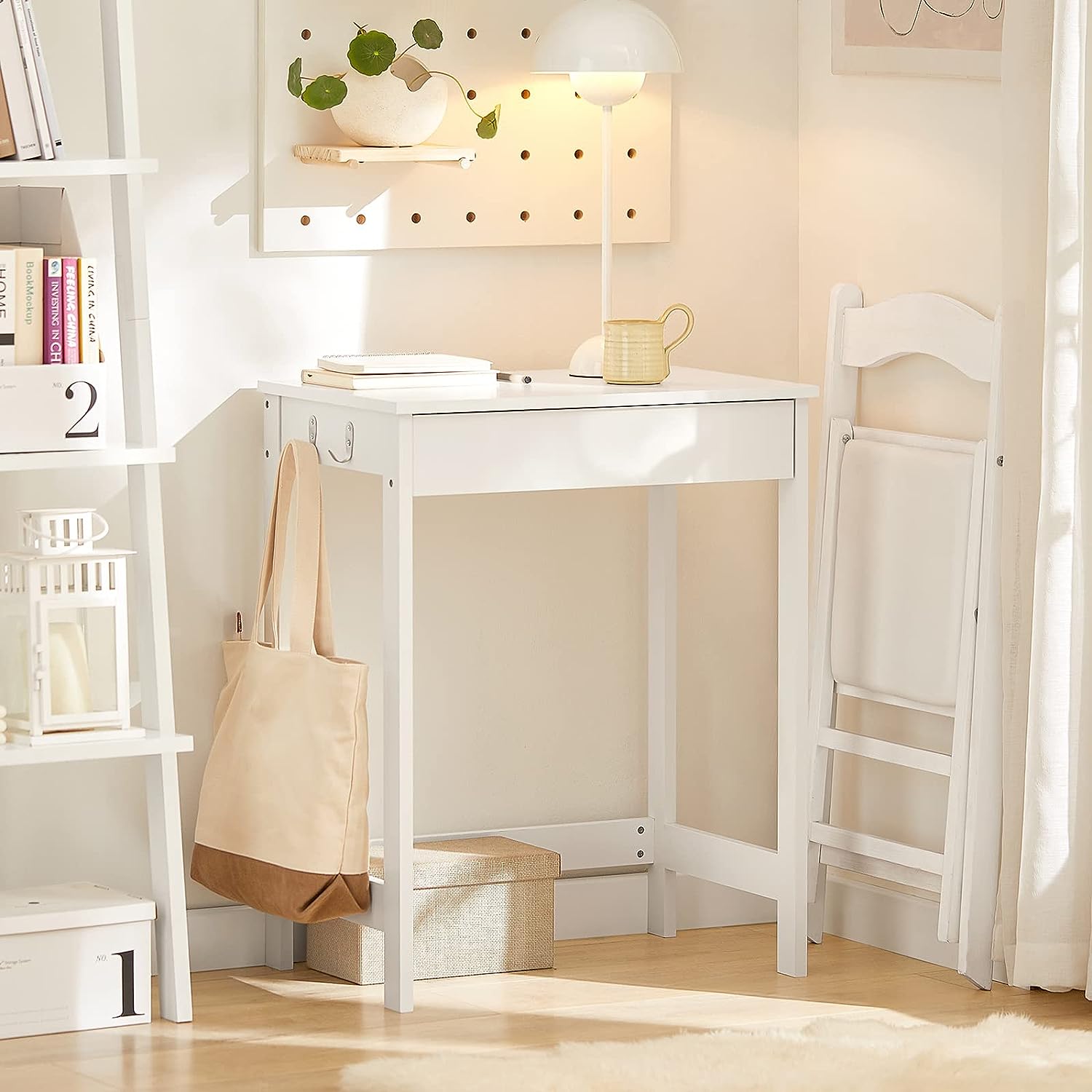 Desks: Small White Desk with Drawer Hooks