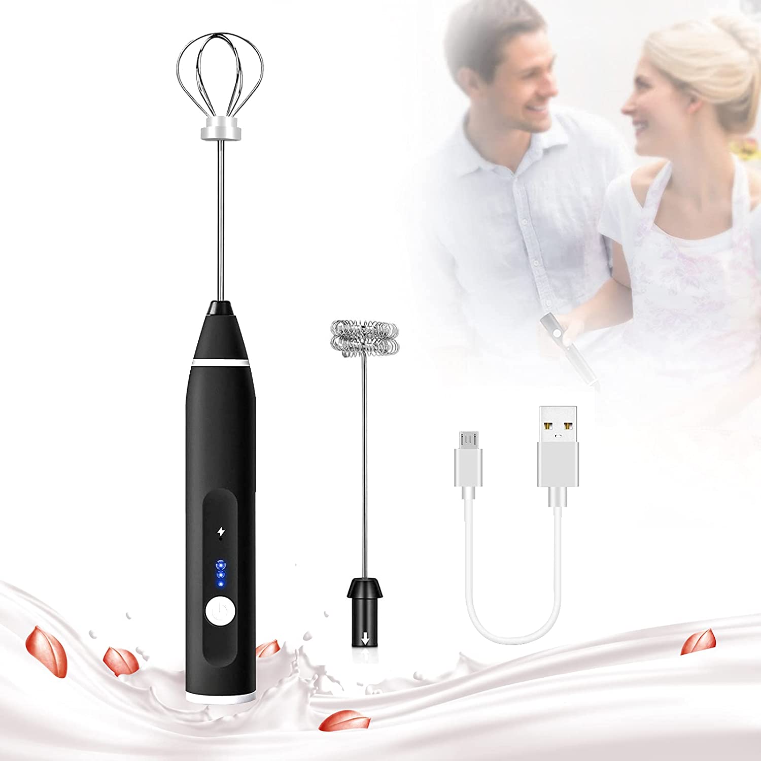Coffee Machines & Accessories: Black Rechargeable Electric Milk Frother Handheld (3 Speeds)
