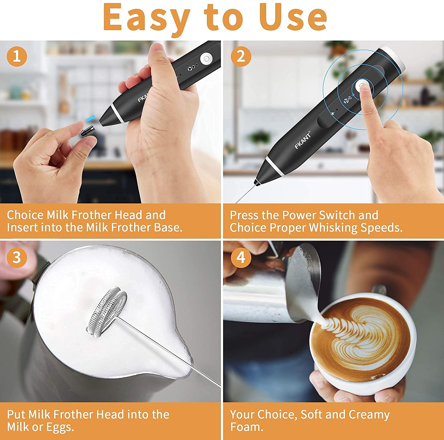 Coffee Machines & Accessories: Black Rechargeable Electric Milk Frother Handheld (3 Speeds)