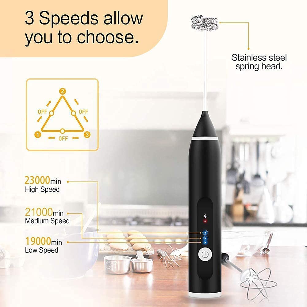 Coffee Machines & Accessories: Black Rechargeable Electric Milk Frother Handheld (3 Speeds)