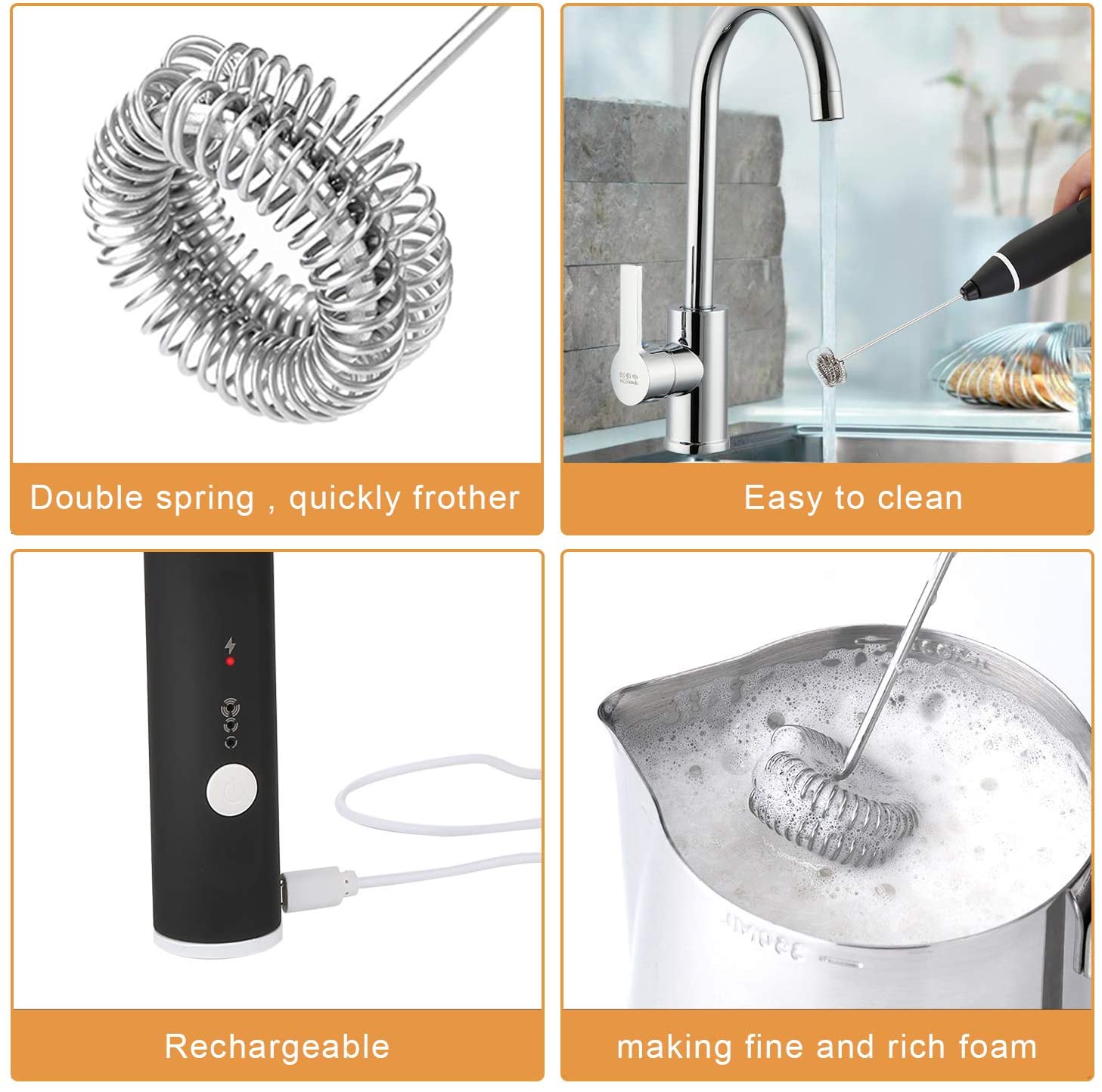 Coffee Machines & Accessories: Black Rechargeable Electric Milk Frother Handheld (3 Speeds)