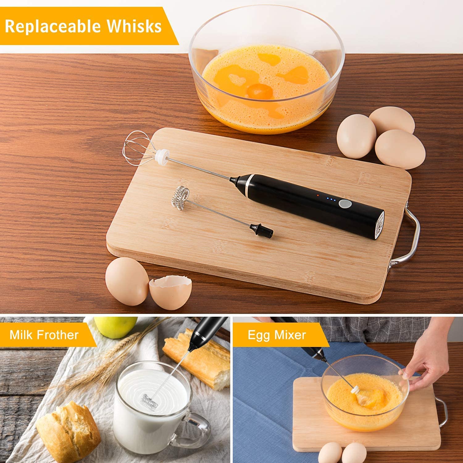 Coffee Machines & Accessories: Black Rechargeable Electric Milk Frother Handheld (3 Speeds)