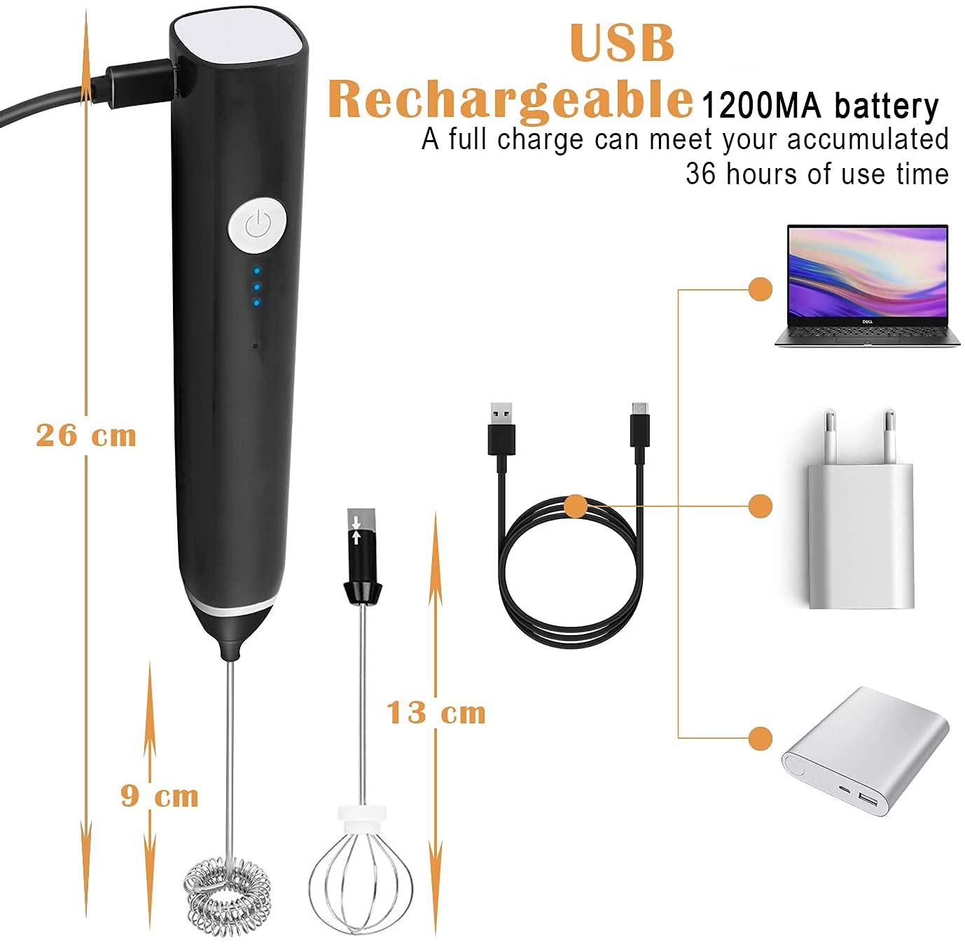 Coffee Machines & Accessories: Black Rechargeable Electric Milk Frother Handheld (3 Speeds)