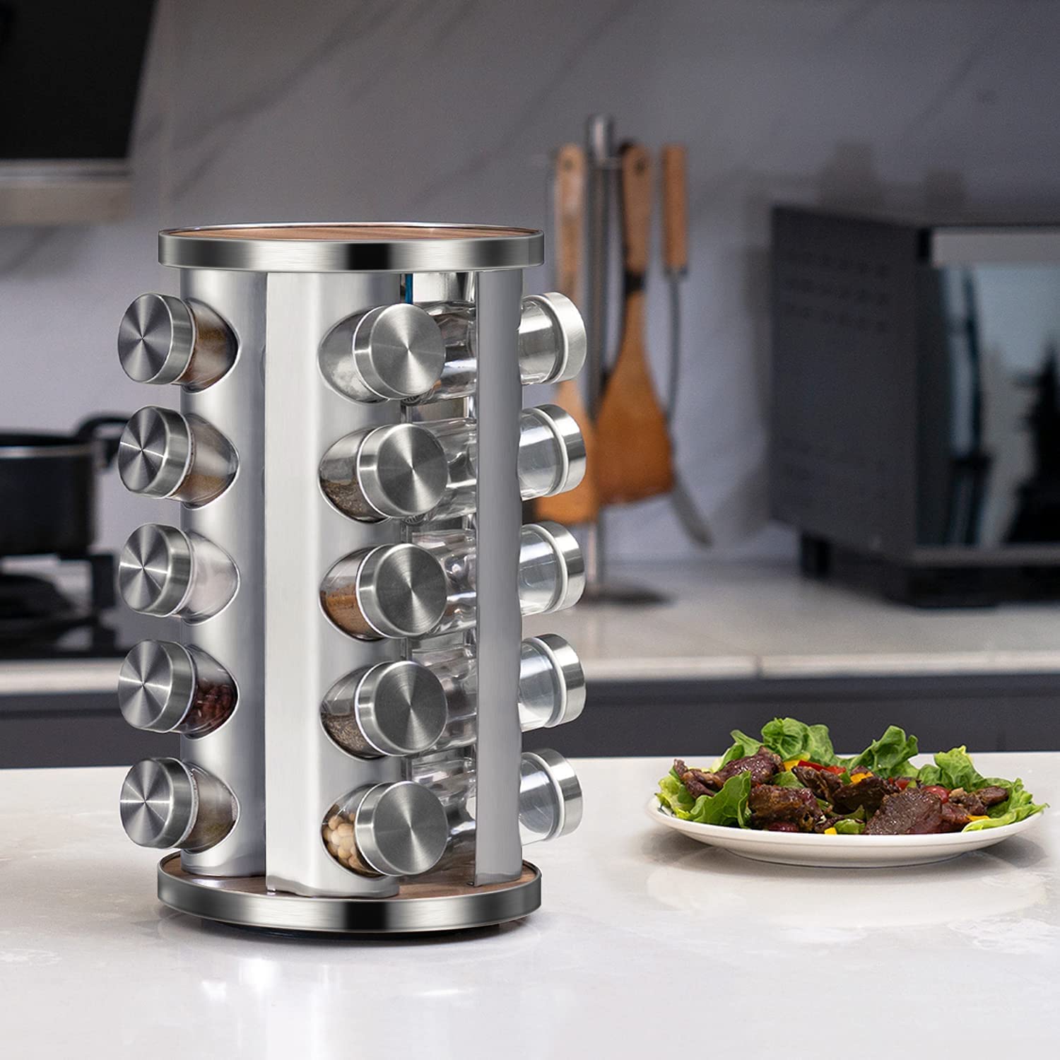 Kitchen & Bathroom DIY: Rotating Spice Rack Organizer with 20 Pieces Jars for Kitchen
