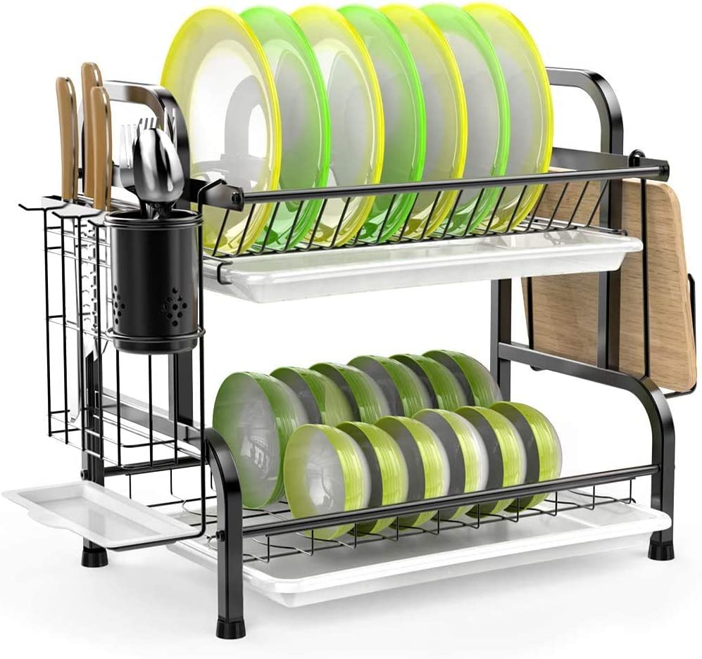 Dish Racks: Stainless Steel 2-Tier Dish Drying Rack with Utensil Holder, Cutting Board Holder and Dish Drainer for Kitchen Counter (Black)