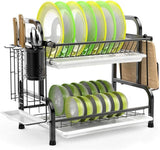 Dish Racks: Stainless Steel 2-Tier Dish Drying Rack with Utensil Holder, Cutting Board Holder and Dish Drainer for Kitchen Counter (Black)
