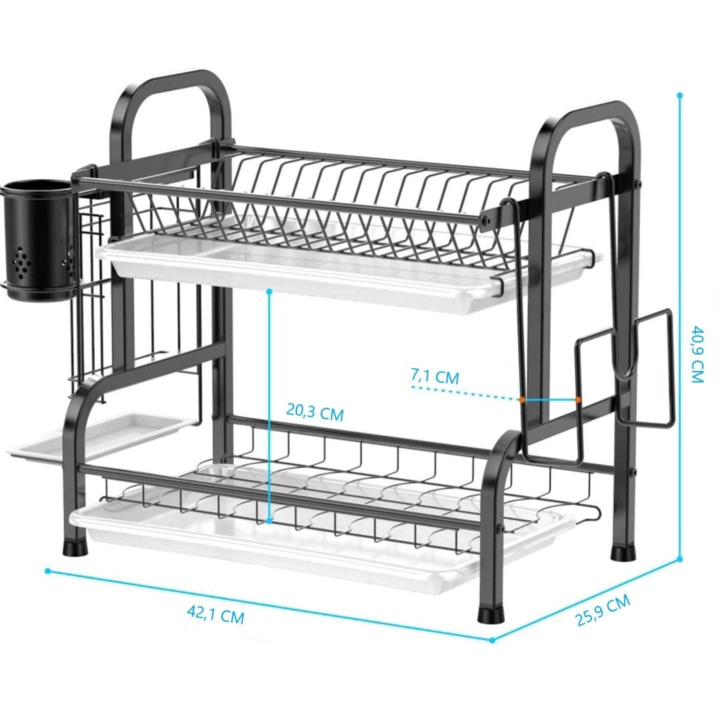 Dish Racks: Stainless Steel 2-Tier Dish Drying Rack with Utensil Holder, Cutting Board Holder and Dish Drainer for Kitchen Counter (Black)