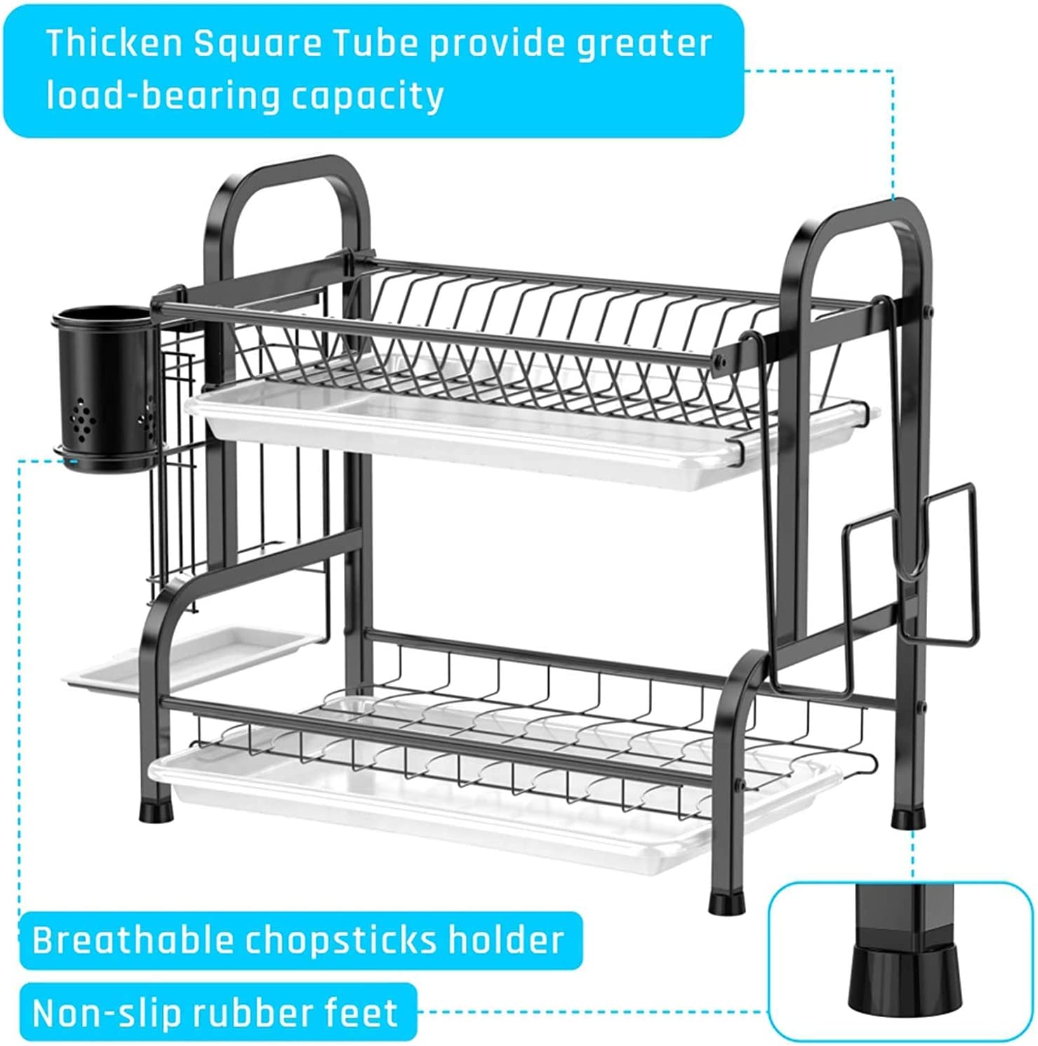 Dish Racks: Stainless Steel 2-Tier Dish Drying Rack with Utensil Holder, Cutting Board Holder and Dish Drainer for Kitchen Counter (Black)