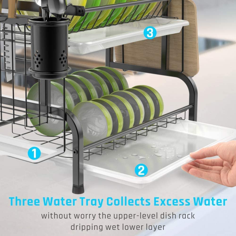 Dish Racks: Stainless Steel 2-Tier Dish Drying Rack with Utensil Holder, Cutting Board Holder and Dish Drainer for Kitchen Counter (Black)