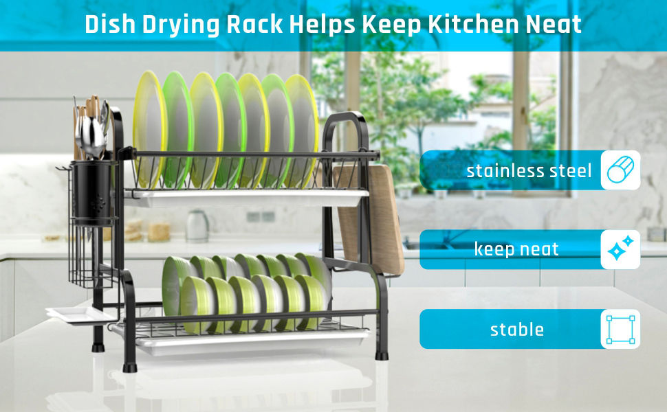 Dish Racks: Stainless Steel 2-Tier Dish Drying Rack with Utensil Holder, Cutting Board Holder and Dish Drainer for Kitchen Counter (Black)