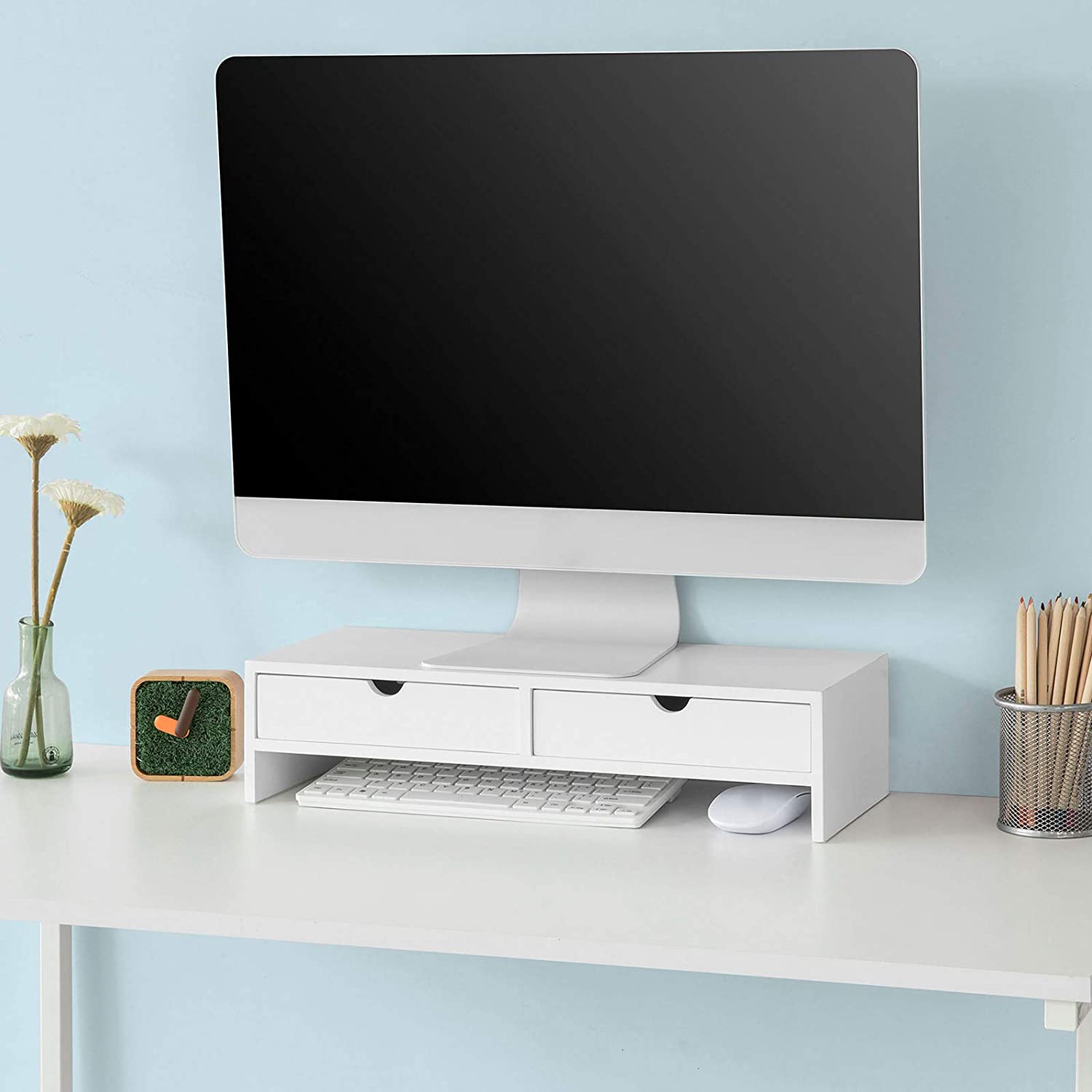 Desk Accessories: White Monitor Stand Desk Organizer with 2 Drawers