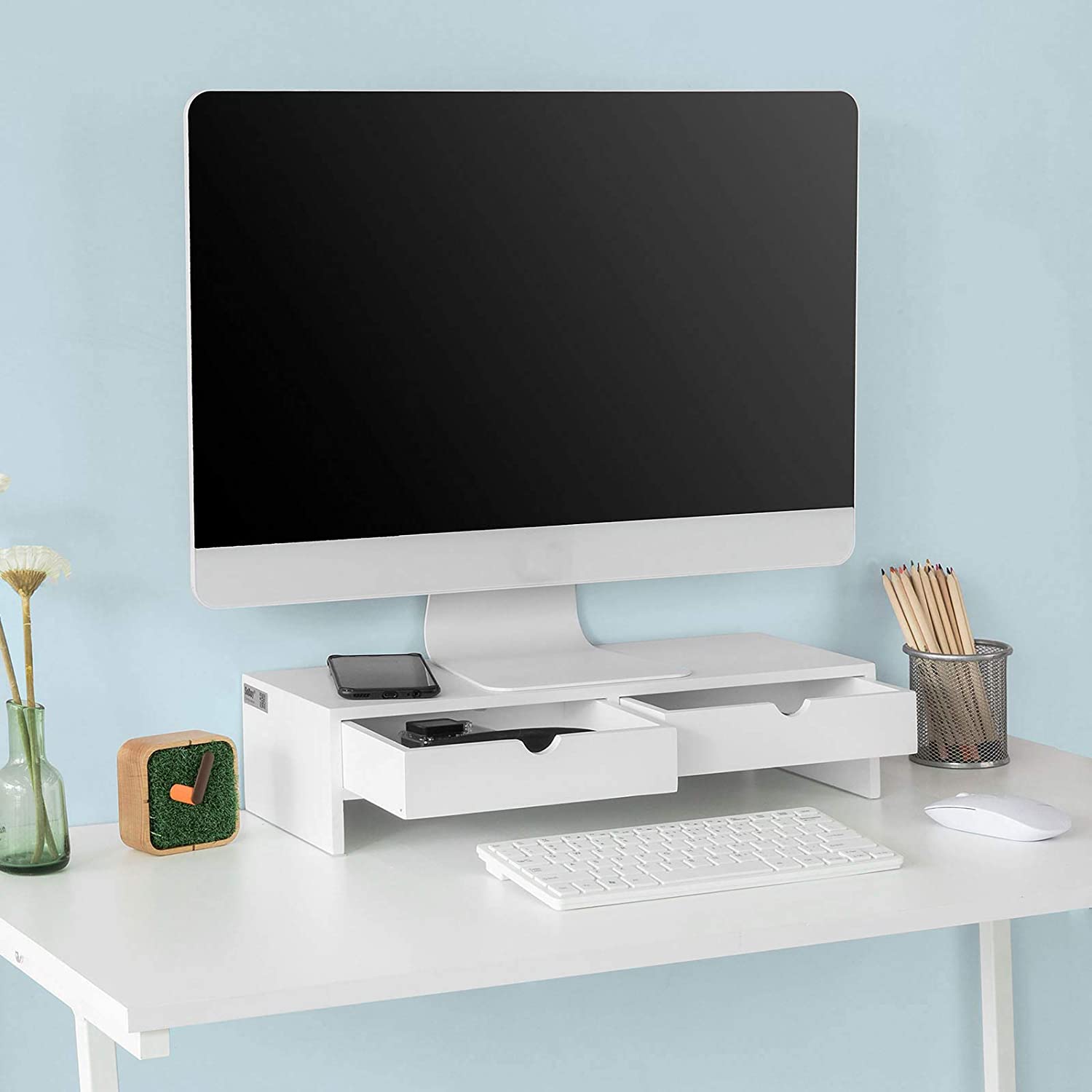 Desk Accessories: White Monitor Stand Desk Organizer with 2 Drawers