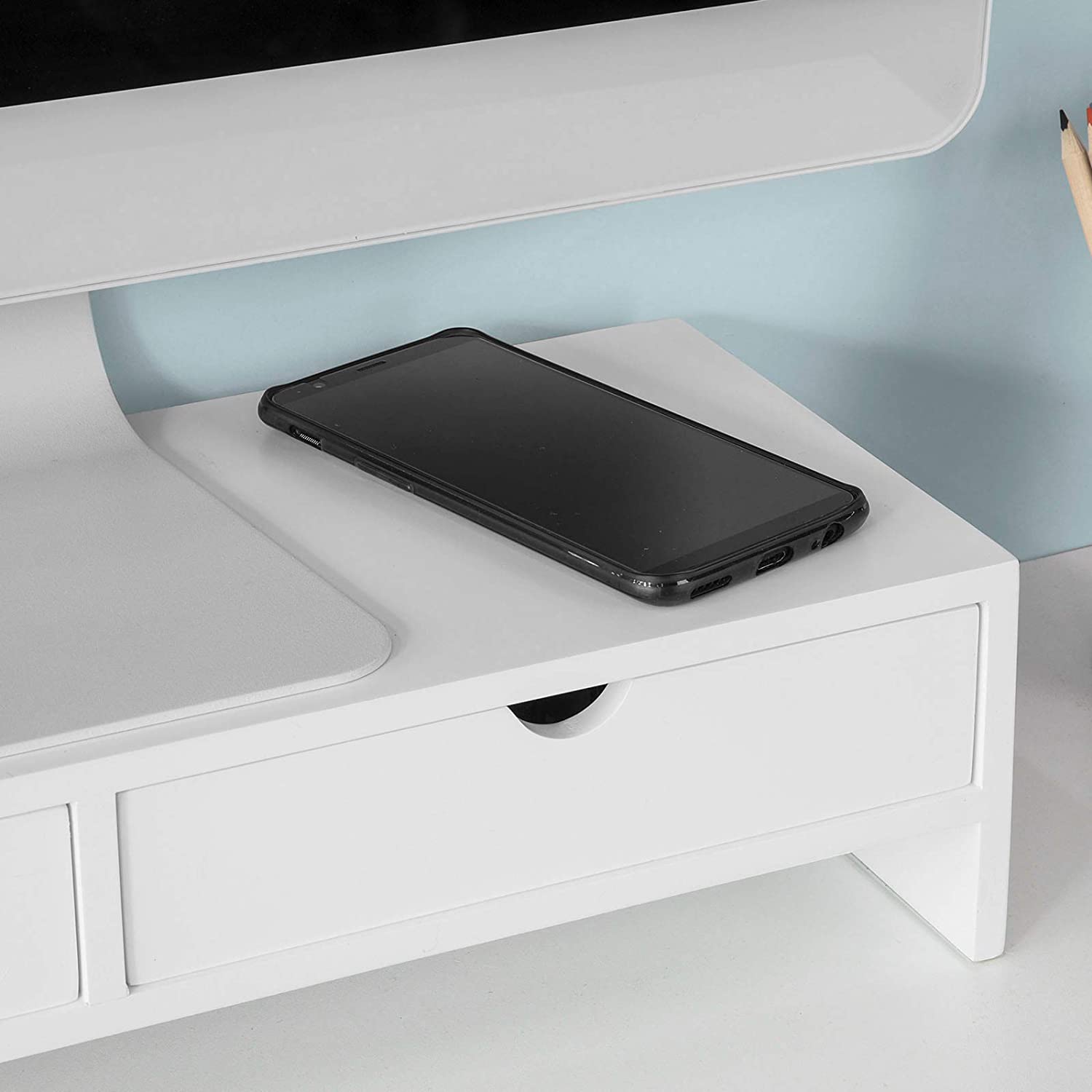 Desk Accessories: White Monitor Stand Desk Organizer with 2 Drawers
