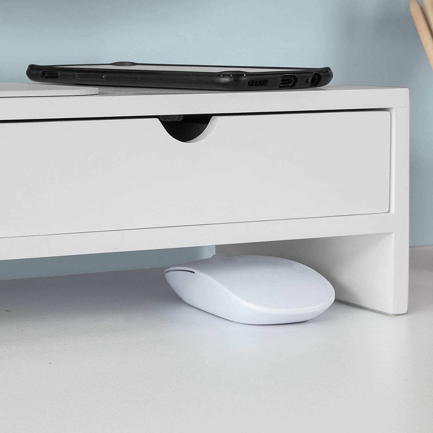 Desk Accessories: White Monitor Stand Desk Organizer with 2 Drawers