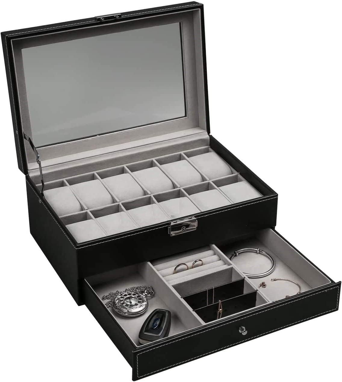 Pen & Pencil Cases: 12 Slot PU Leather Lockable Watch and Jewelry Storage Boxes (Black)