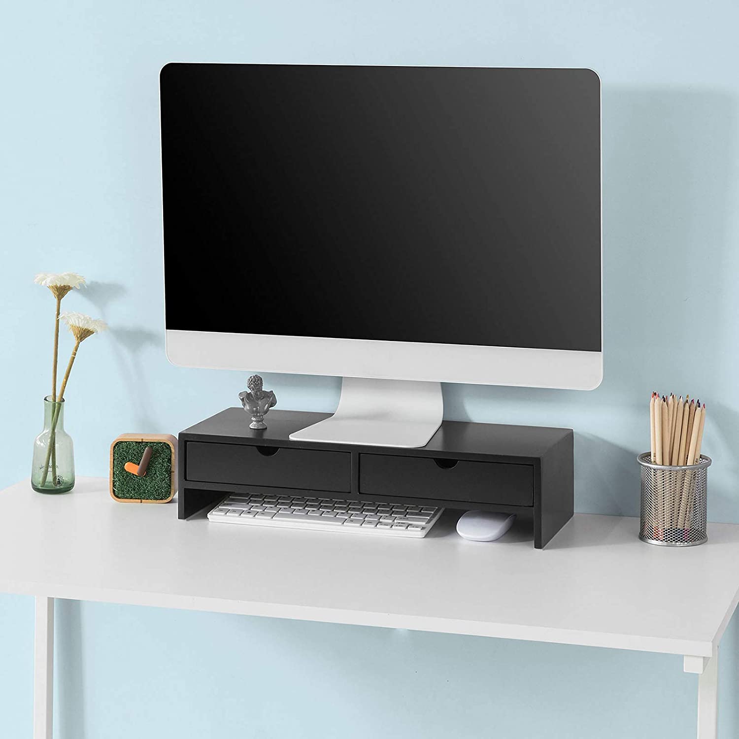 Desk Accessories: Black Monitor Stand Desk Organizer with 2 Drawers