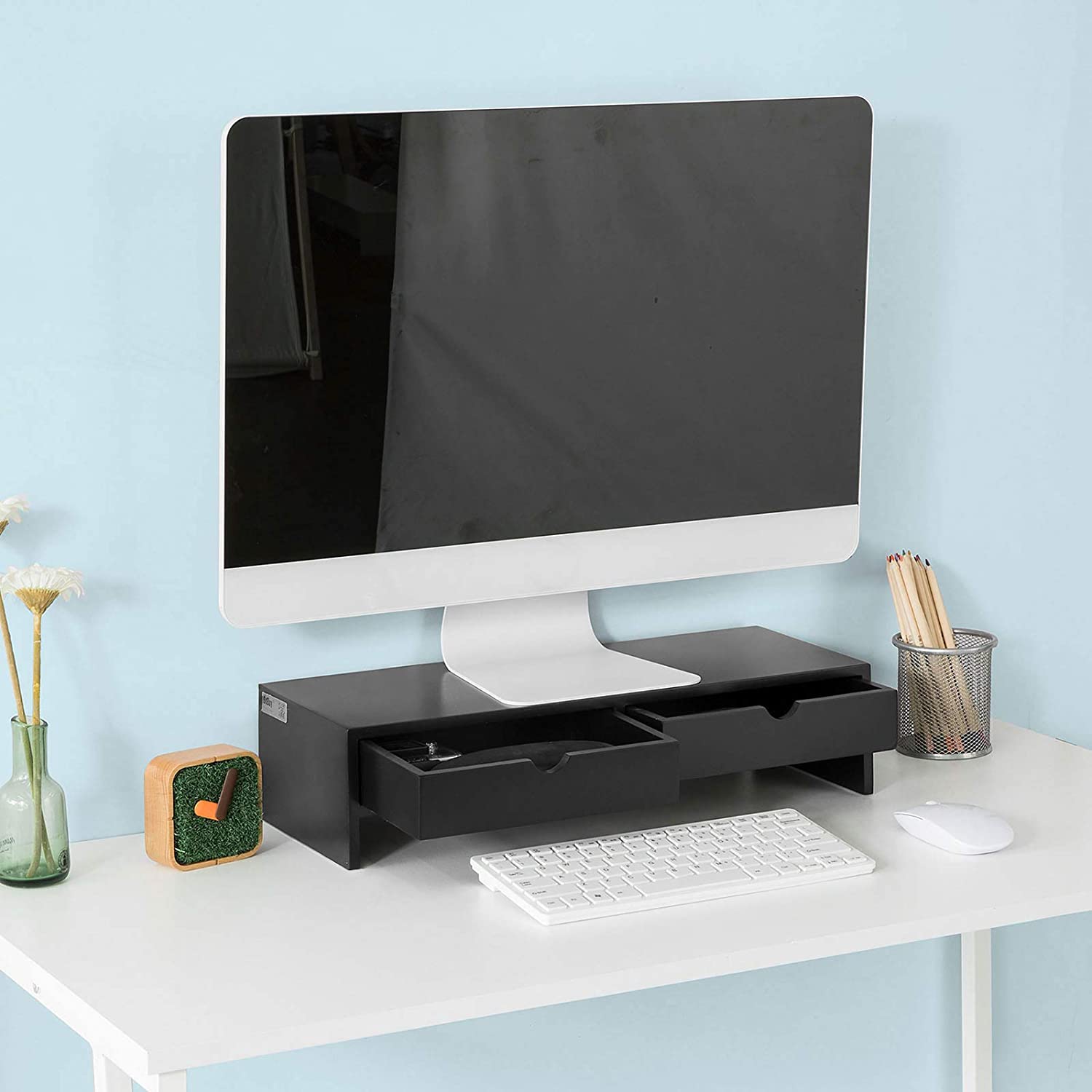 Desk Accessories: Black Monitor Stand Desk Organizer with 2 Drawers