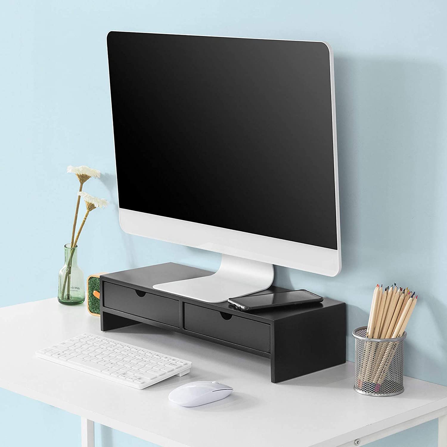 Desk Accessories: Black Monitor Stand Desk Organizer with 2 Drawers
