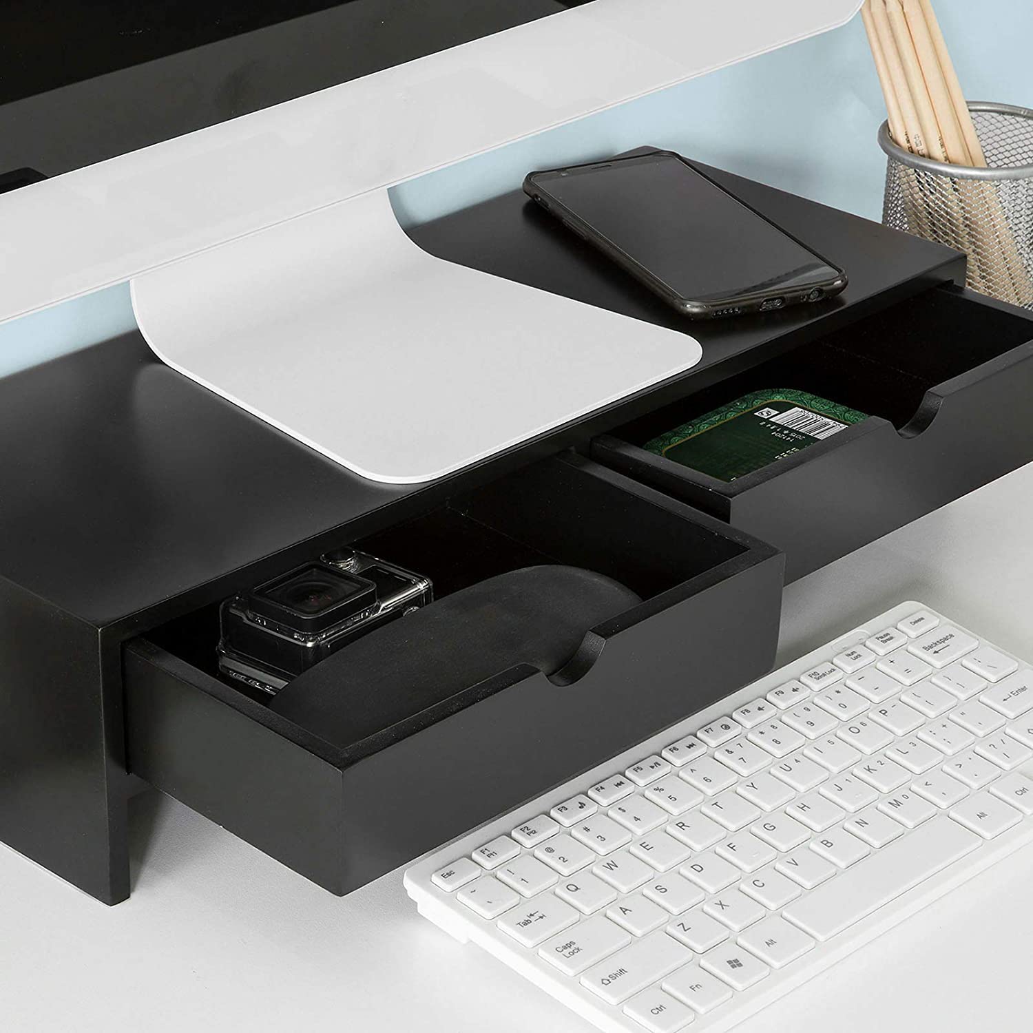 Desk Accessories: Black Monitor Stand Desk Organizer with 2 Drawers