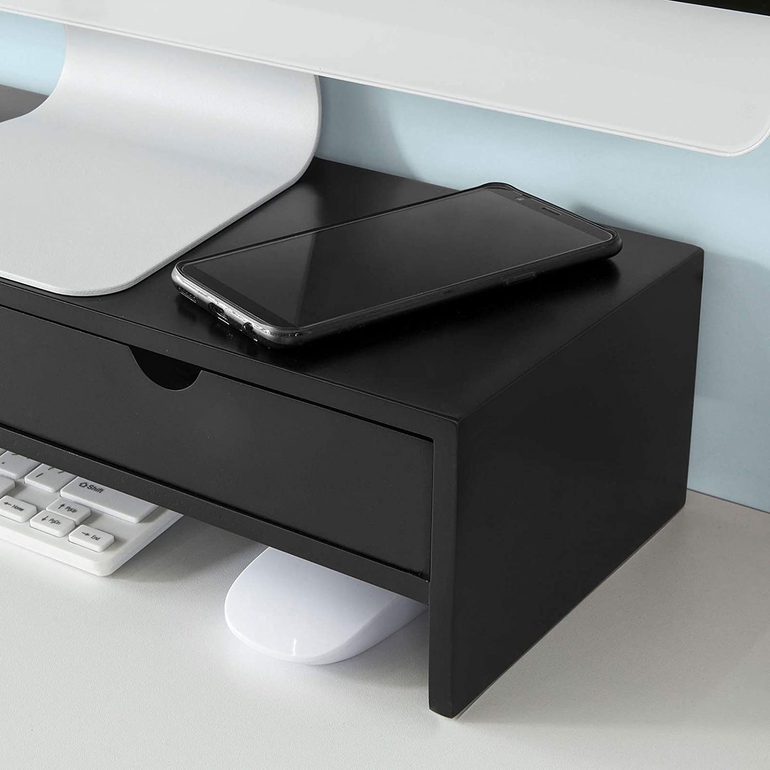 Desk Accessories: Black Monitor Stand Desk Organizer with 2 Drawers