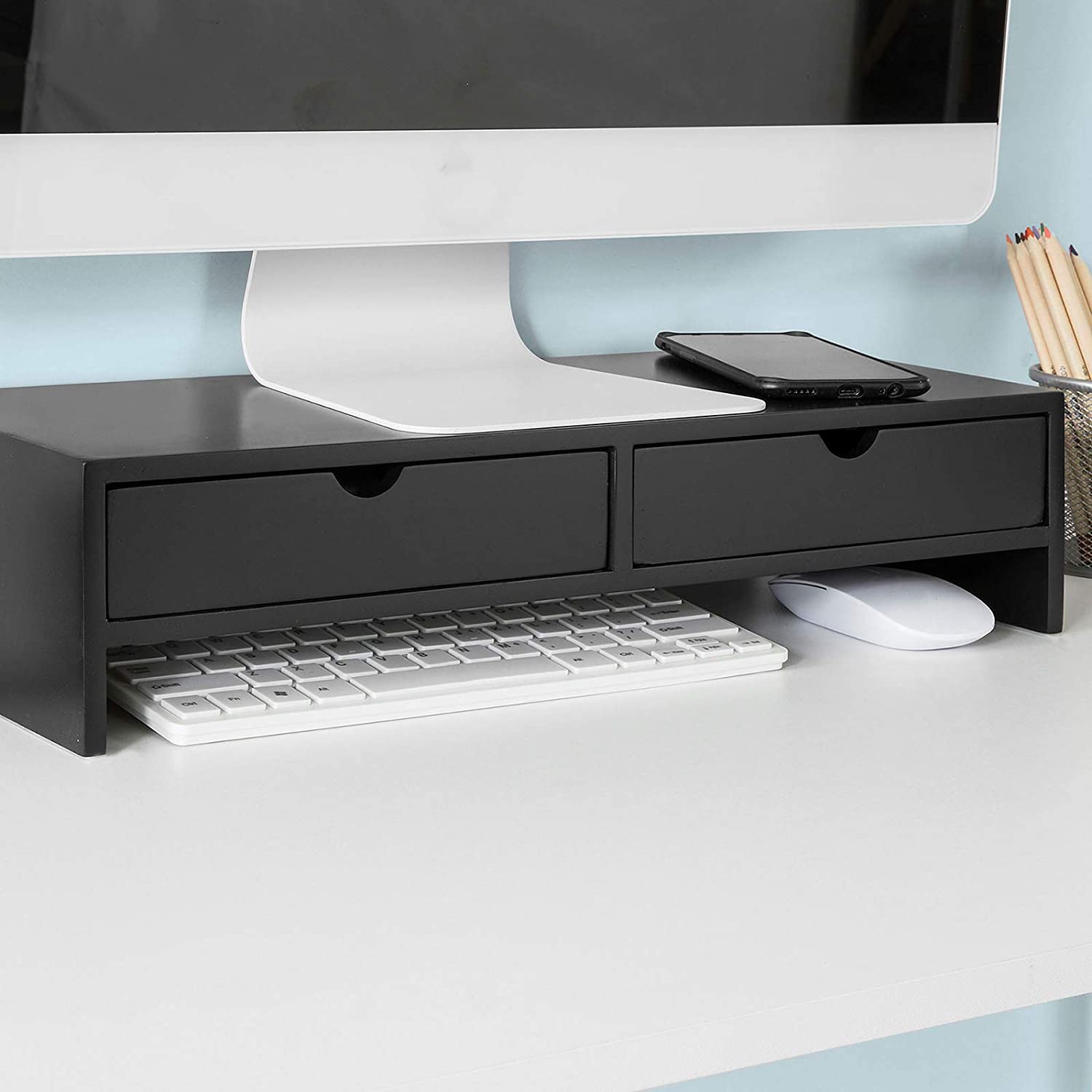 Desk Accessories: Black Monitor Stand Desk Organizer with 2 Drawers