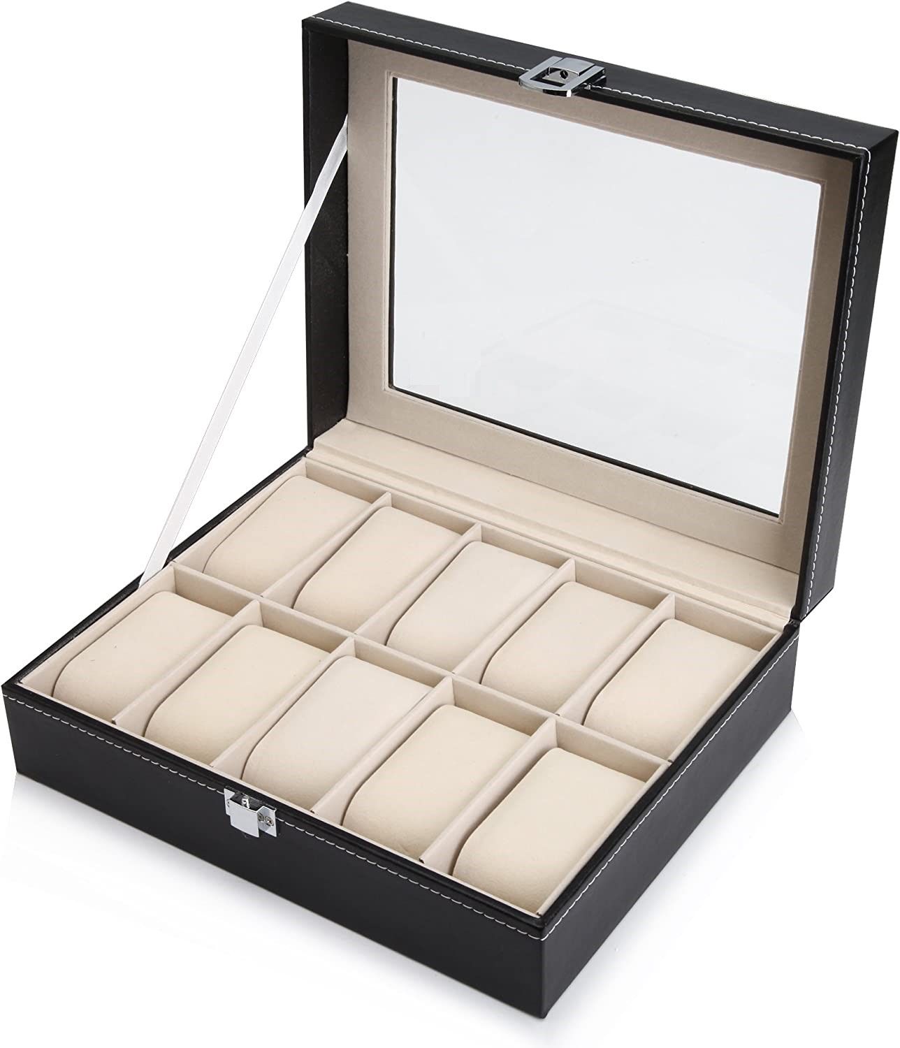 Desk Accessories: Black PU Leather Watch Organizer Display Storage Box Cases for Men & Women (10 slots)